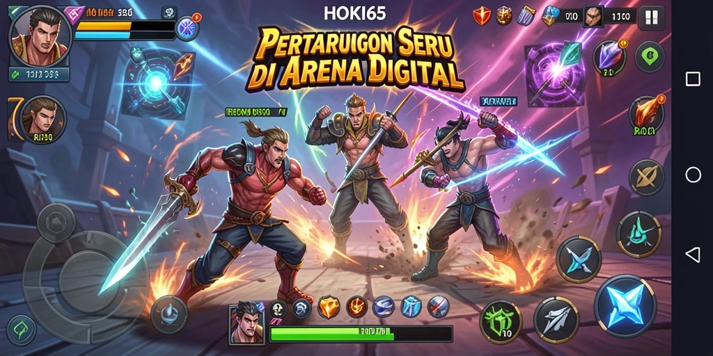 Tampilan gameplay HOKI65 dengan pertarungan yang intens dan karakter dinamis.