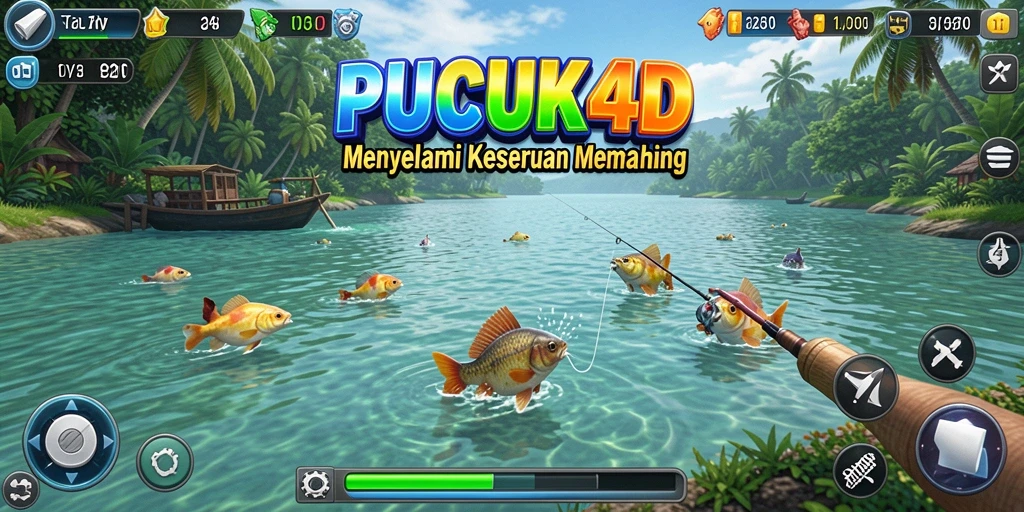 Tampilan gameplay PUCUK4D dengan berbagai lokasi memancing.